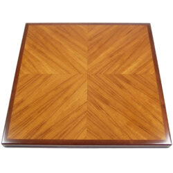 Quartered Figured Teak Veneer in Reverse Diamond Box Pattern with Stained Maple Wood Edge