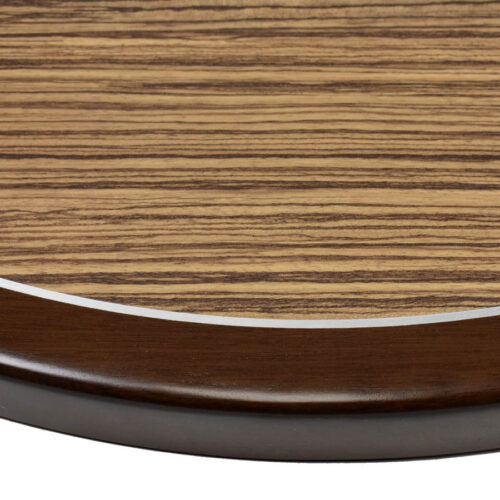 Arpa Laminate #4390 Zebrano Natural with 1/8” Brushed Aluminum Inlay and Custom Stained Mahogany Wood Edge Table Top