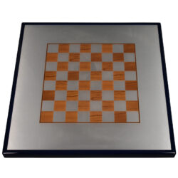 Digitally Printed Cherry Chess Board on Wilsonart Satin Brushed Aluminum Inlay with Rustoleum “Navy Blue” Painted Edge