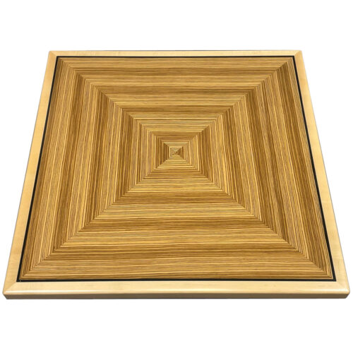 Brookline “Qtr. Zebrawood Veneer” in Box Pattern with ¼” Black Printed Accent Stripe and Natural Maple Wood Edge