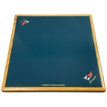 Solid Painted Inlay Table Top with Customer Logos, Ash Wood Edge and Custom Stain