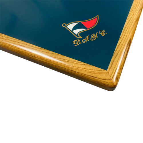 Solid Painted Inlay Table Top with Customer Logos, Ash Wood Edge and Custom Stain