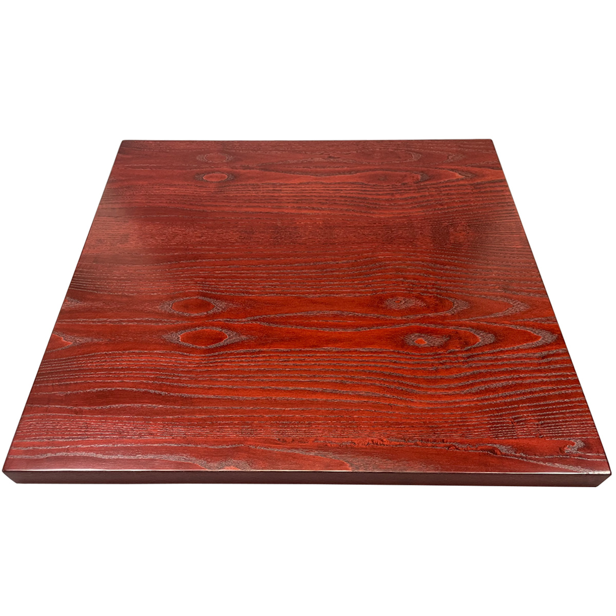 P/S Ash Veneer Overlay (Edge to Edge) with 1-3/4" Thick Wood Edge, Custom Mahogany Stain, Open Grain UV Cured Finish Satin Sheen