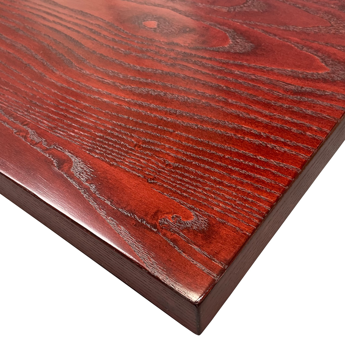 P/S Ash Veneer Overlay (Edge to Edge) with 1-3/4" Thick Wood Edge, Custom Mahogany Stain, Open Grain UV Cured Finish Satin Sheen