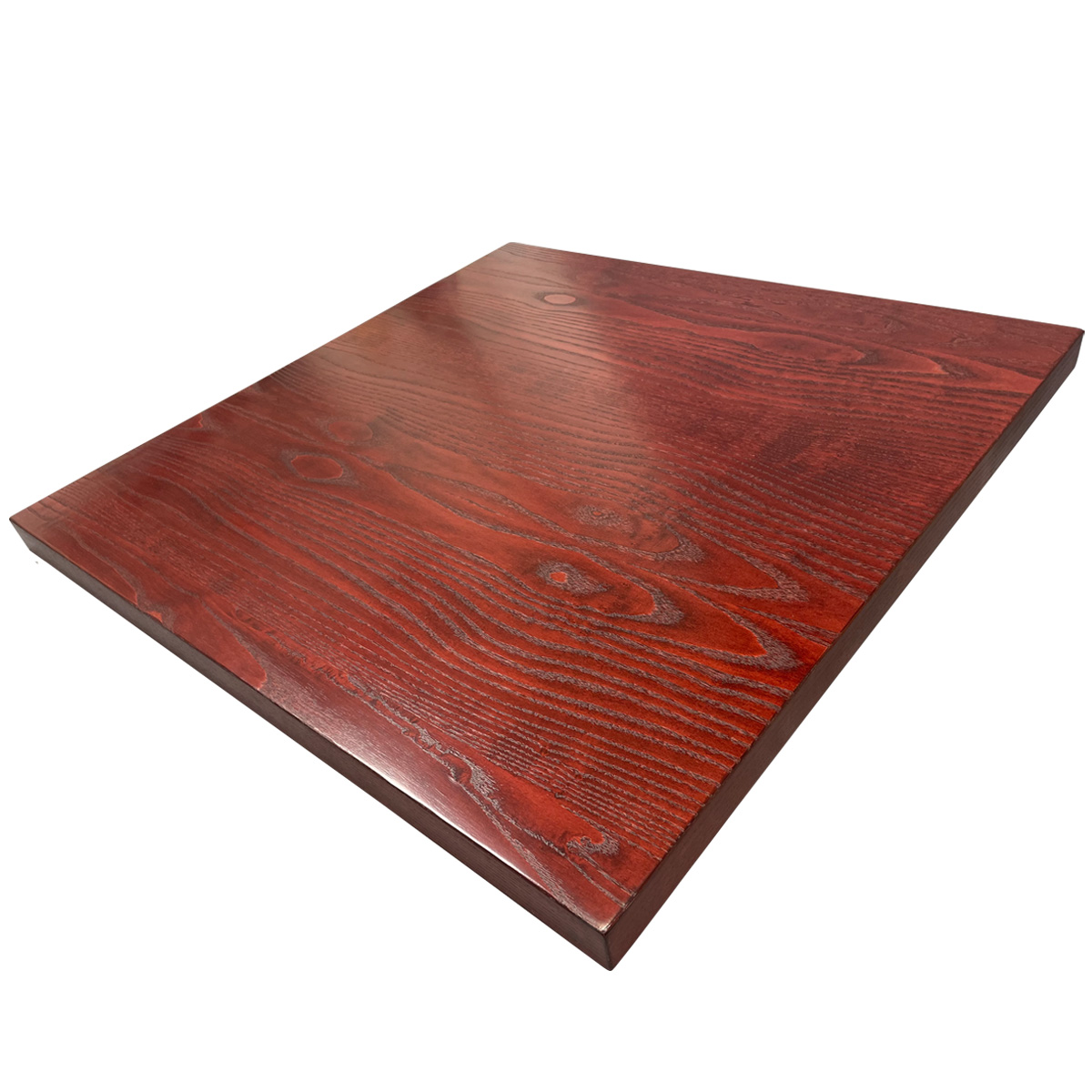 P/S Ash Veneer Overlay (Edge to Edge) with 1-3/4" Thick Wood Edge, Custom Mahogany Stain, Open Grain UV Cured Finish Satin Sheen