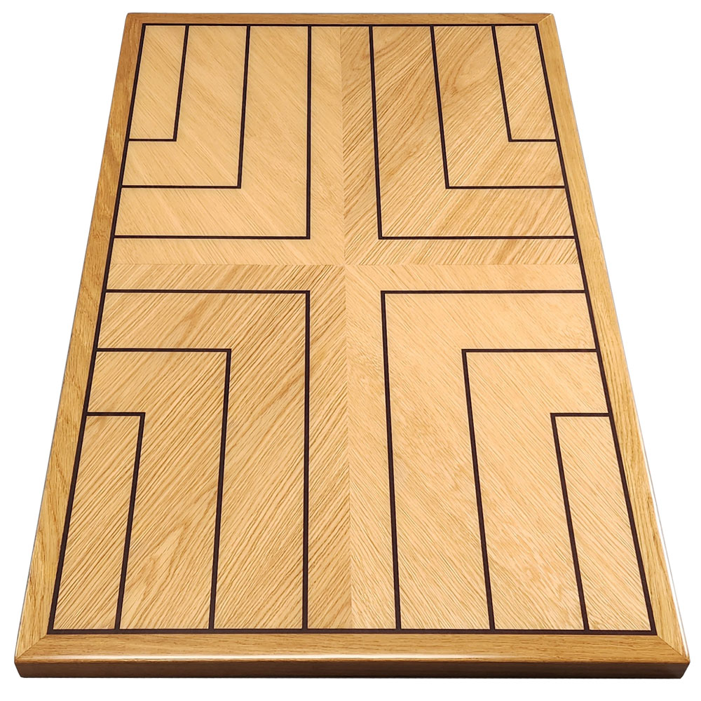 White Oak Veneer in Reverse Diamond Box Pattern with Printed Black Accent Stripes in Custom Pattern with White Oak Wood Edge