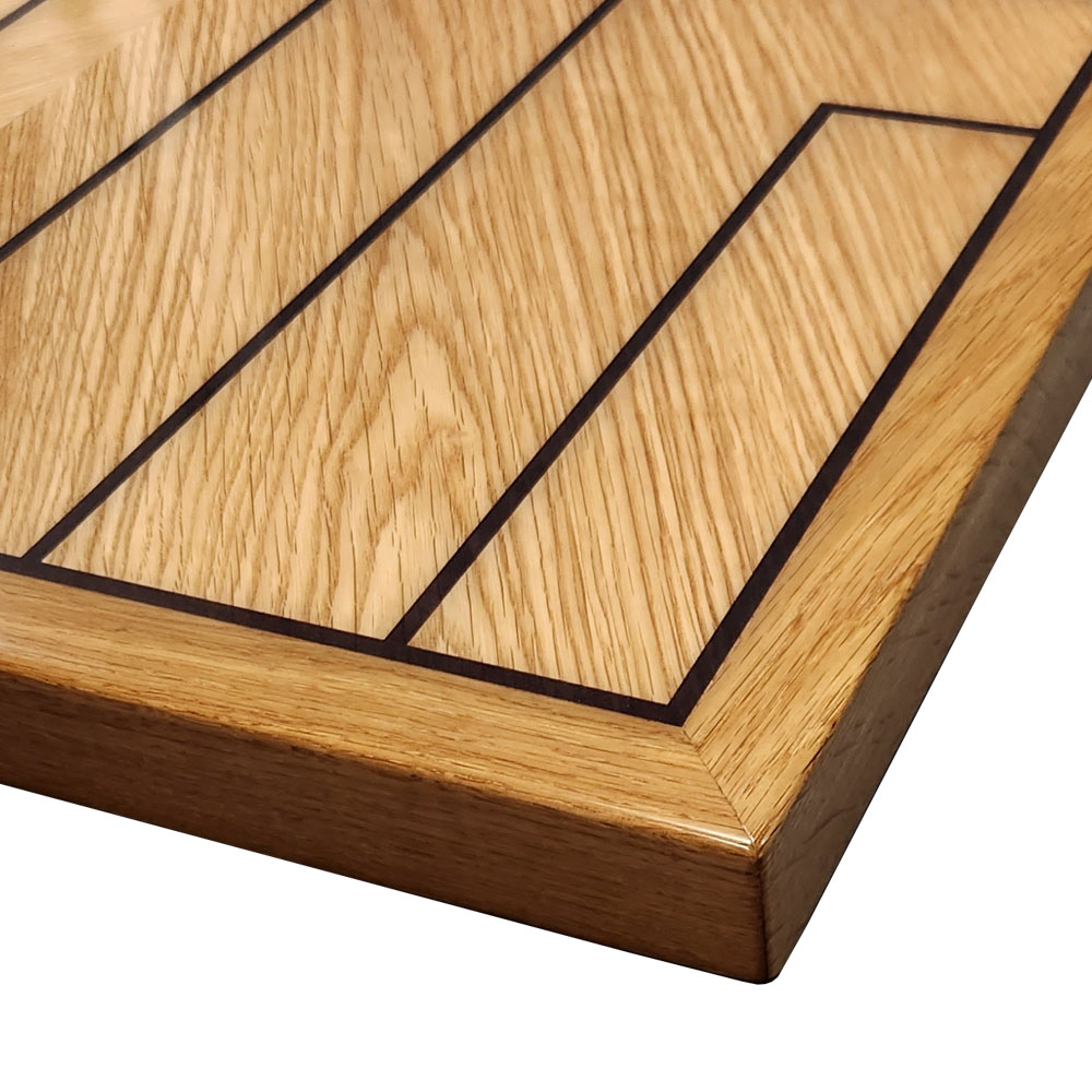 White Oak Veneer in Reverse Diamond Box Pattern with Printed Black Accent Stripes in Custom Pattern with White Oak Wood Edge