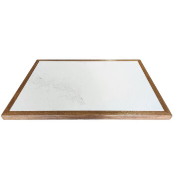 2CM Calacatta Nuvo Inlay with 1-1/4" x 1-1/2" Thick Red Oak Wood Edges with Custom Walnut Stain